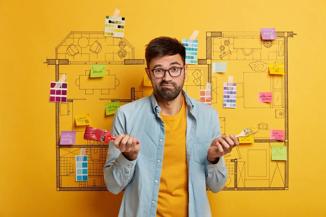 Nahaufnahme eines jungen Designers, der sich auf eine Renovierung vorbereitet, neben einer Skizze des Masterplans des Hauses.